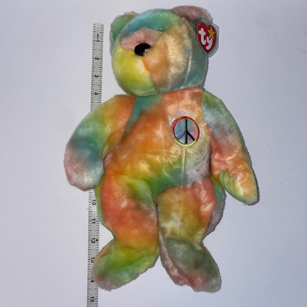 TY Beanie Buddy Large 14" Multicolored Peace Bear 1999-Retired Excellent Cond. - Picture 5 of 5